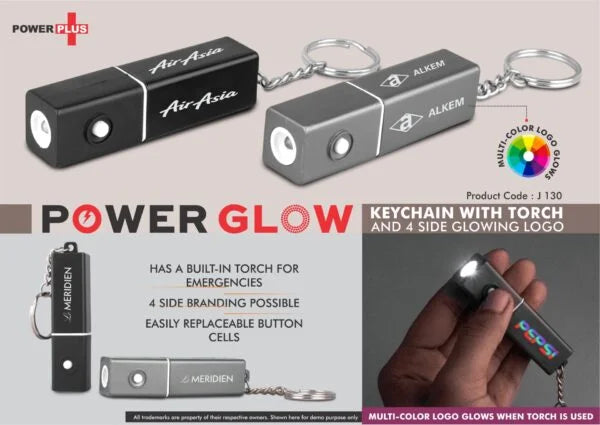 J130 – PowerGlow keychain with Torch and 4 side Glowing Logo