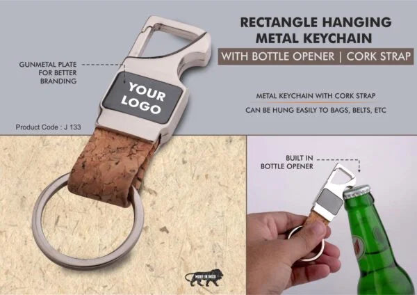 J133 – Rectangle hanging metal keychain with Bottle Opener | Cork strap