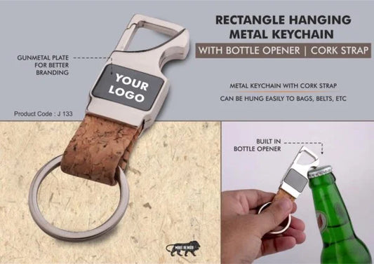 J133 – Rectangle hanging metal keychain with Bottle Opener | Cork strap