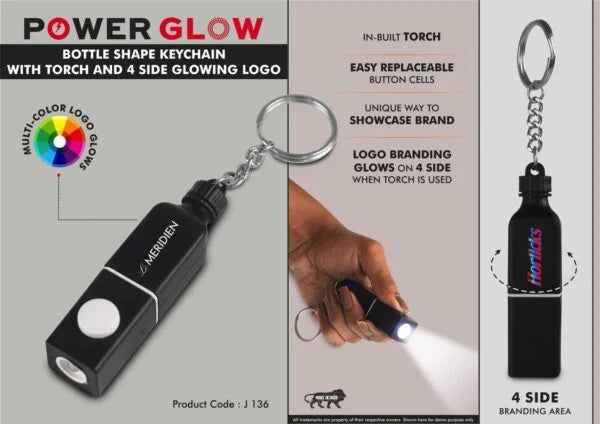 J136 – PowerGlow Bottle shape keychain with Torch and 4 side Glowing Logo