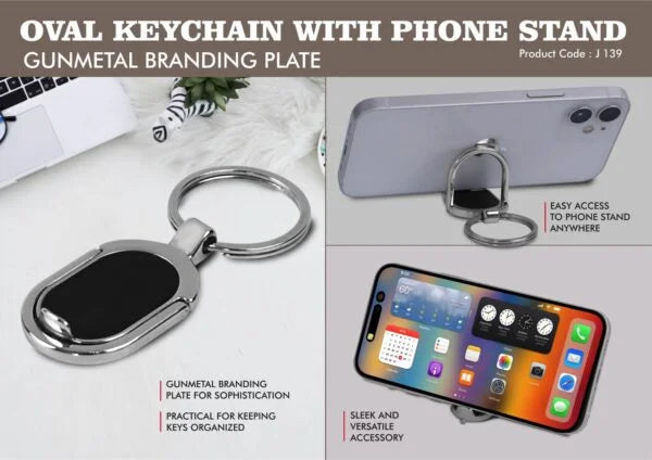 J139 – Oval Keychain with Phone stand | Gunmetal branding plate
