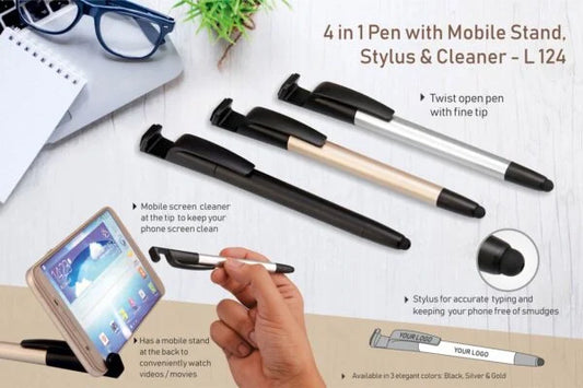 L124 – 4 in 1 pen with mobile stand, stylus and cleaner