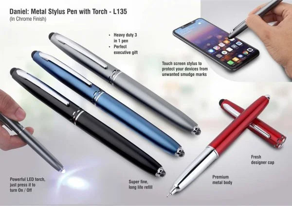L135 – Daniel: Metal stylus pen with torch (chrome finish)