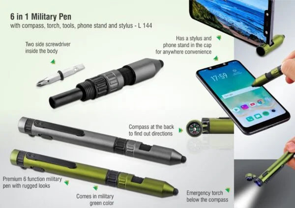 L144 – 6 in 1 Military pen with compass, torch, tools, phone stand and stylus
