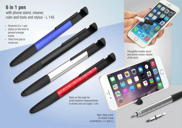 L145 – 6 in 1 pen with phone stand, cleaner, ruler, tools and stylus