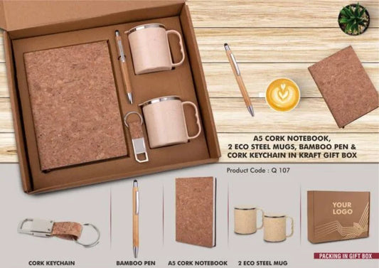 Q107 – EcoSet 1: Set of A5 Cork notebook, 2 Eco Steel mugs, Bamboo Pen & Cork Keychain in Kraft Gift Box