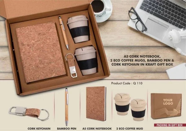 Q110 – EcoSet 4: Set of A5 Cork notebook, 2 Bamboo Coffee Mugs with Silicon Sleeve, Bamboo Pen & Cork Keychain in Kraft Gift Box