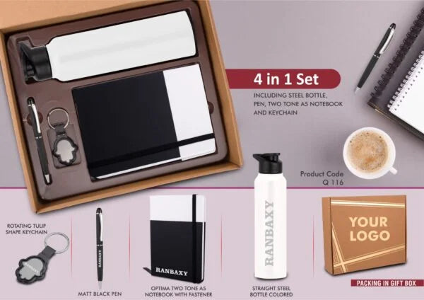 Q116 – 4 in 1 Dual Tone set: Tulip shape Keychain, SS colored bottle, Metal Pen and A5 PU notebook in Kraft Gift Box