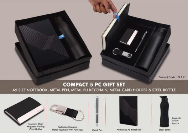 Q151 – Compact 5 Pc Black Gift Set: A5 Size Notebook, Metal Pen, Metal Pu Keychain, Metal Card Holder & Straight Steel Bottle