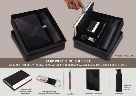 Q151 – Compact 5 Pc Black Gift Set: A5 Size Notebook, Metal Pen, Metal Pu Keychain, Metal Card Holder & Straight Steel Bottle
