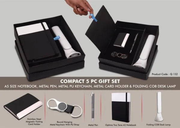 Q152 – Compact 5 Pc Gift Set: A5 Size Notebook, Metal Pen, Metal Pu Keychain, Metal Card Holder & Folding COB Desk Lamp