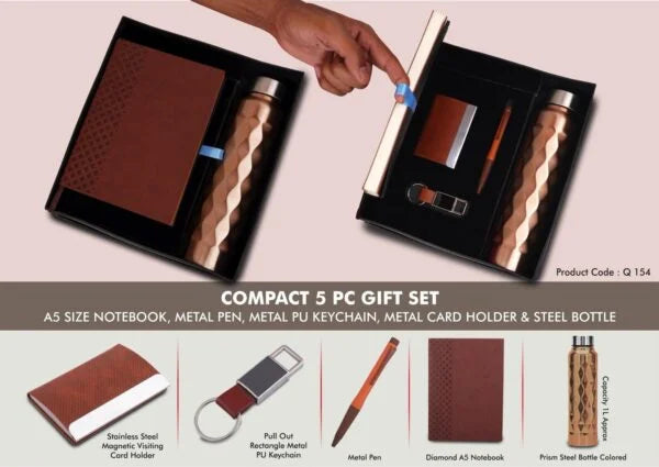 Q154 – Compact 5 Pc Tan Gift Set: A5 Size Notebook, Metal Pen, Metal Pu Keychain, Metal Card Holder & Prism Steel Bottle