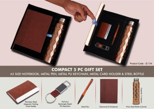 Q154 – Compact 5 Pc Tan Gift Set: A5 Size Notebook, Metal Pen, Metal Pu Keychain, Metal Card Holder & Prism Steel Bottle