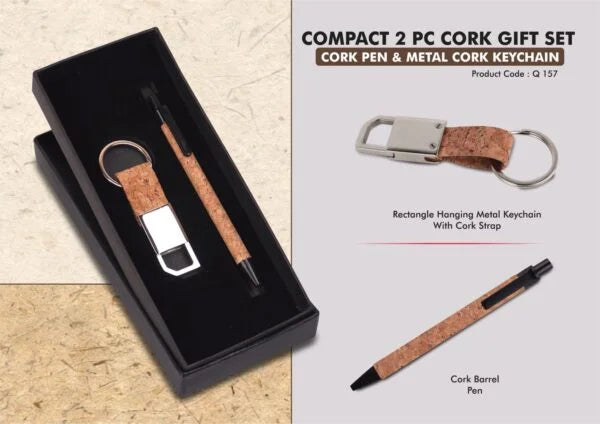Q157 – Compact 2 Pc Cork Gift Set: Cork Pen & Metal Cork Keychain