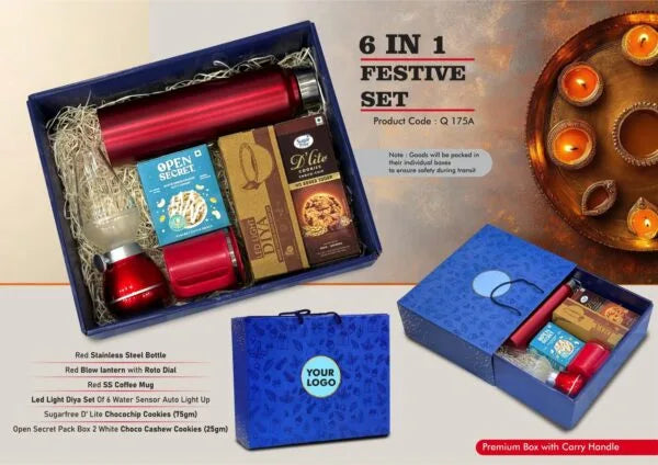 Q175a – Festive Set of 6: SS Bottle 1L, Decorative LED Blow Lamp, SS Coffee Mug, 2 Choco Cashew Cookies, LED Light Diya Set of 6, Sugarfree Choco Chip Oat Cookies