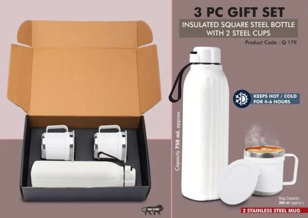 Q179 – 3 pc Gift Set : Insulated Hexa Steel bottle with 2 Steel cups | Keeps hot for 4-6 hours