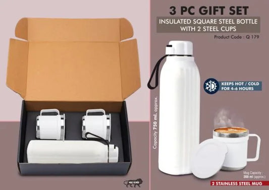 Q179 – 3 pc Gift Set : Insulated Hexa Steel bottle with 2 Steel cups | Keeps hot for 4-6 hours