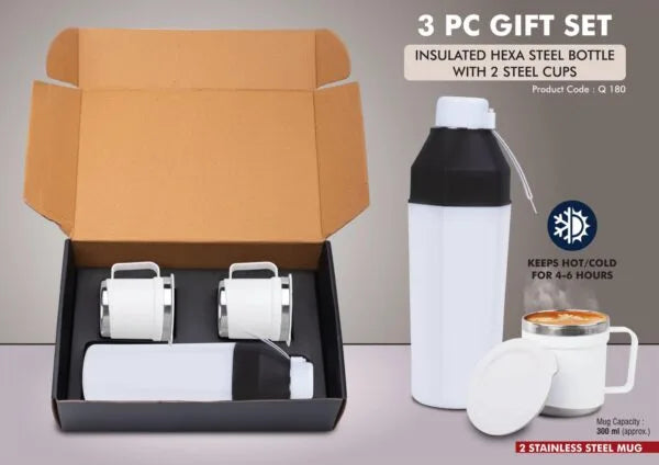 Q180 – 3 pc Gift Set : Insulated Square Steel bottle with 2 Steel cups | Keeps hot for 4-6 hours