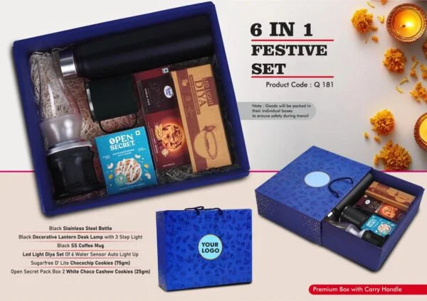 Q181 – Festive Set of 6: Decorative LED Lamp, SS Bottle 1L, SS Coffee Mug, LED Light Diya Set of 6, 2 Choco Cashew Cookies, Sugarfree Choco Chip Oat Cookies