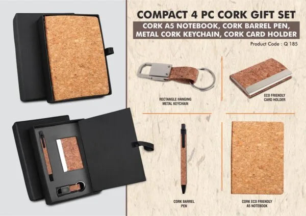 Q185 – Cork 4 pc set: Cork notebook with card holder, hanging cork keychain and cork pen