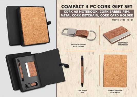 Q185 – Cork 4 pc set: Cork notebook with card holder, hanging cork keychain and cork pen