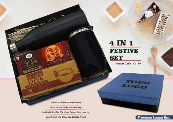 Q189 – Festive Set of 4: Cola SS Bottle 1L, Premium SS Mug, LED Light Diya Set of 6, Sugarfree Choco Chip Oat Cookies